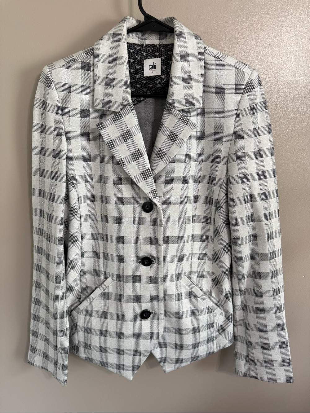 CAbi Valentina Plaid Blazer 5292 Gray White  Checkered Knit Jacket Stretch Sz 8